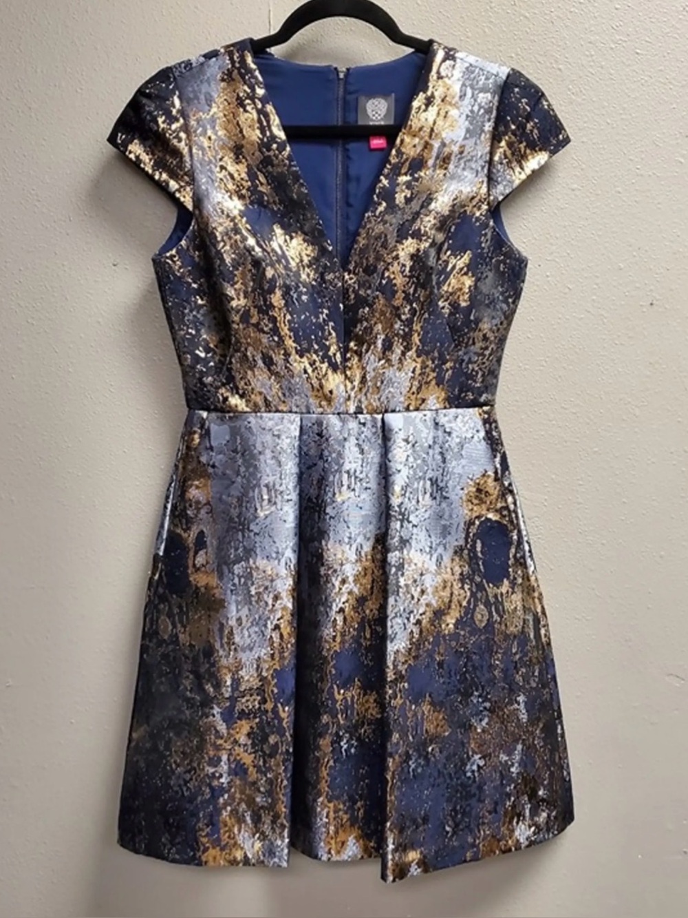 Vince Camuto Navy, Gold & Silver Metallic V-Neck Fit-and-Flare Mini Dress